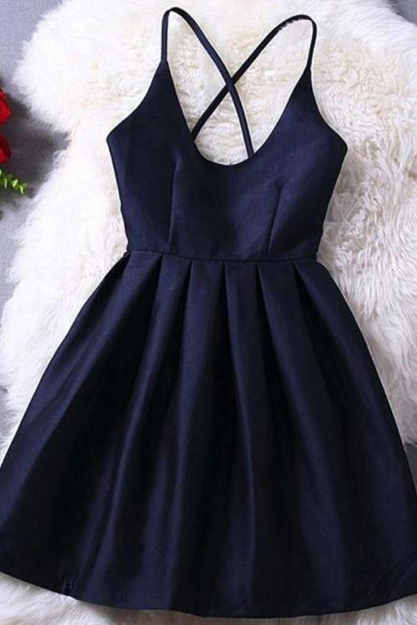 Dark Navy Criss-Cross Straps Short Prom Dress Homecoming Dress