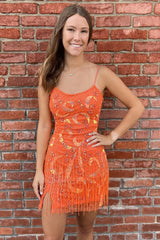 Hot Cute Pink Sequin Embroidered Lace-Up Short Homecoming Dress with Fringes