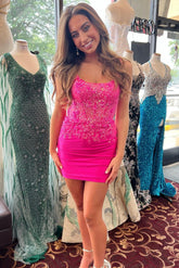Hot Cute Pink Sequin Lace Backless Fitted Homecoming Dress