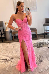 Mermaid Sheath Strapless Corset Lace Prom Dress with Slit
