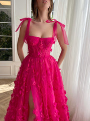 Fuchsia Elegant A-line 3D Flower Lace Prom Dress With Slit