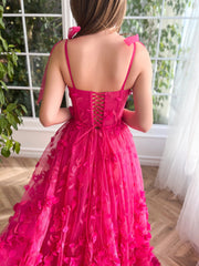 Fuchsia Elegant A-line 3D Flower Lace Prom Dress With Slit