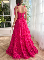 Fuchsia Elegant A-line 3D Flower Lace Prom Dress With Slit