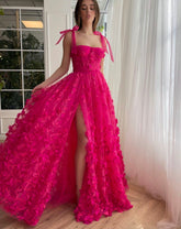 Fuchsia Elegant A-line 3D Flower Lace Prom Dress With Slit