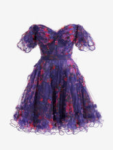 Purple A Line Off the Shoulder Floral Printed Homecoming Dress