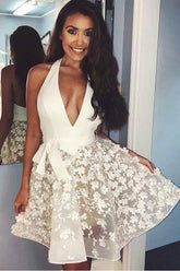 Ivory Lace Applique Halter Backless Homecoming Dress Graduation Dress