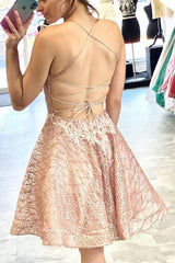 Lace Short Prom Dress Homecoming Dress with Criss-Cross Back