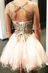Lace-Up Beaded Cross-Back Short Prom Dress Homecoming Dress