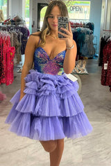 Lavender Sequin V-Neck Ruffle Ruched Short Homecoming Dress