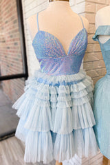 Lavender Sequin V-Neck Ruffle Ruched Short Homecoming Dress