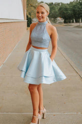 Light Blue Two-Piece Mini Homecoming Dress with Pocket Halter Beaded