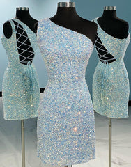 One Shoulder Tight Baby Blue Homecoming Dress