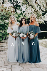 Slate Gray Long Chiffon Off The Shoulder Bridesmaid Dresses