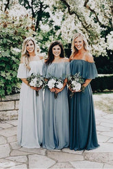 Slate Gray Long Chiffon Off The Shoulder Bridesmaid Dresses