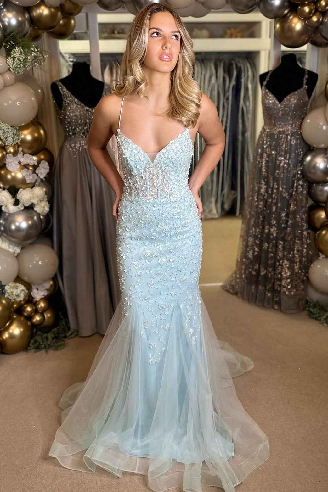 Light Blue Floral Appliqued V-Neck Lace-Up Long Gown