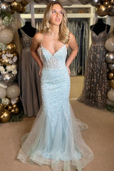 Light Blue Floral Appliqued V-Neck Lace-Up Long Gown