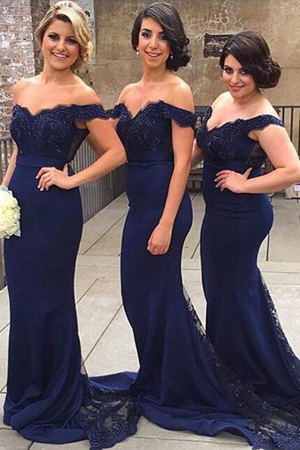 Navy Blue Mermaid Off-the-Shoulder Bridesmaid/Prom Dress, Sweep Train