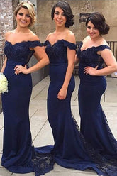 Navy Blue Mermaid Off-the-Shoulder Bridesmaid/Prom Dress, Sweep Train