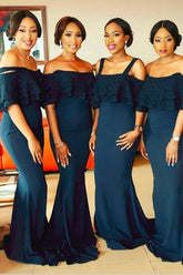 Dark Blue Mermaid Straps Bridesmaid Dress with Lace Ruffles