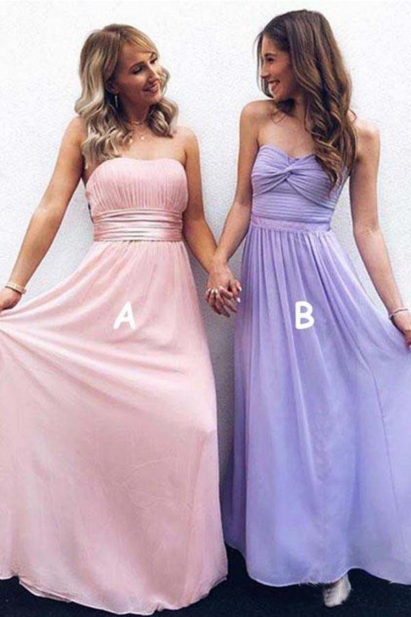 Modest Strapless Ruched Bridesmaid Dress, Chiffon Formal Dresses