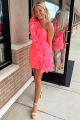 Hot Cute Pink One-Shoulder Ruffle Short Homecoming Dress