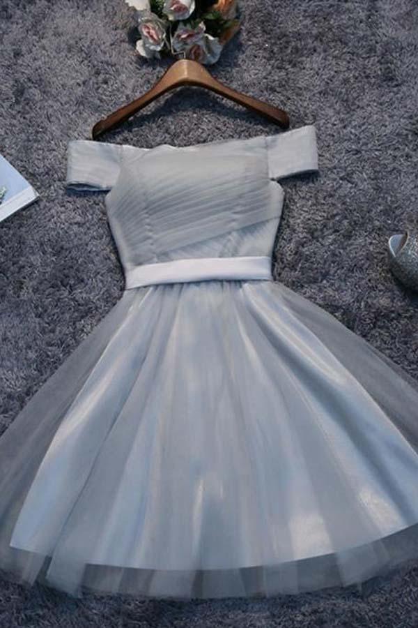 Off Shoulder Grey Tulle Short Prom Dress Homecoming Dress