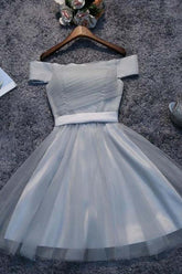 Off Shoulder Grey Tulle Short Prom Dress Homecoming Dress