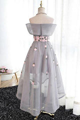 Off-the-Shoulder High Low Grey Tulle Homecoming Dress with Appliques