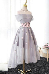 Off-the-Shoulder High Low Grey Tulle Homecoming Dress with Appliques
