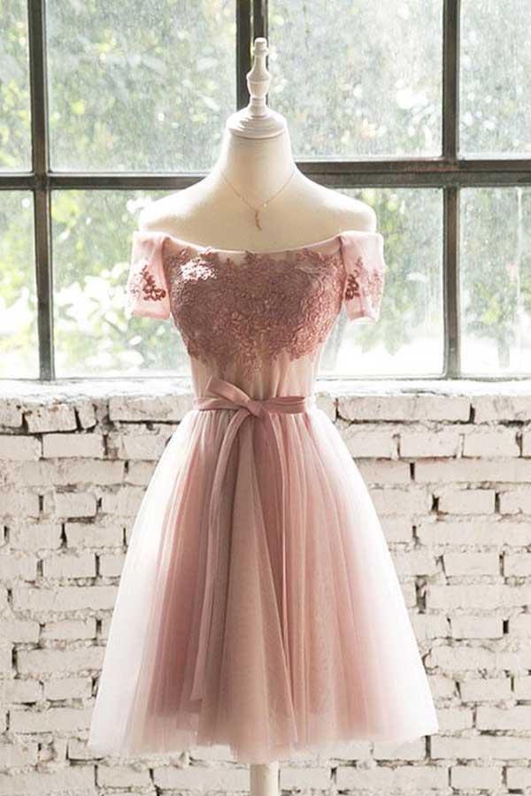 Off-The-Shoulder Pink Lace Tulle Short Prom Dress Homecoming Dress