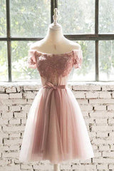 Off-The-Shoulder Pink Lace Tulle Short Prom Dress Homecoming Dress