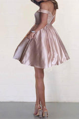 Off-The-Shoulder Satin Beaded Homecoming Dress with Pockets