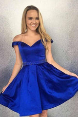 Off-The-Shoulder Satin Beaded Homecoming Dress with Pockets