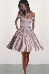 Off-The-Shoulder Satin Beaded Homecoming Dress with Pockets