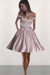 Off-The-Shoulder Satin Beaded Homecoming Dress with Pockets