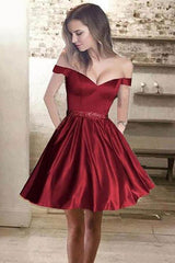 Off-The-Shoulder Satin Beaded Homecoming Dress with Pockets