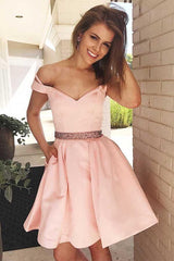 Off-The-Shoulder Short Pink Party Dress with Pockets Homecoming Dress