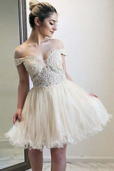 Off-The-Shoulder Sweetheart Homecoming Dress with Appliques and Beading