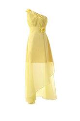 Yellow One Shoulder Floor Length Chiffon Bridesmaid Dress, with Flower