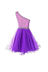 One-Shoulder Prom Dress Tulle Homecoming Dress with Beading