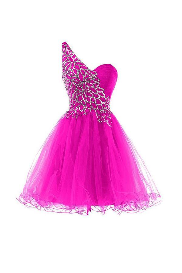 Hot Pink One-Shoulder Short Prom Dress Homecoming Dress