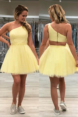 One Shoulder Yellow Chic Tulle Homecoming Dress Cute Graduation Dress
