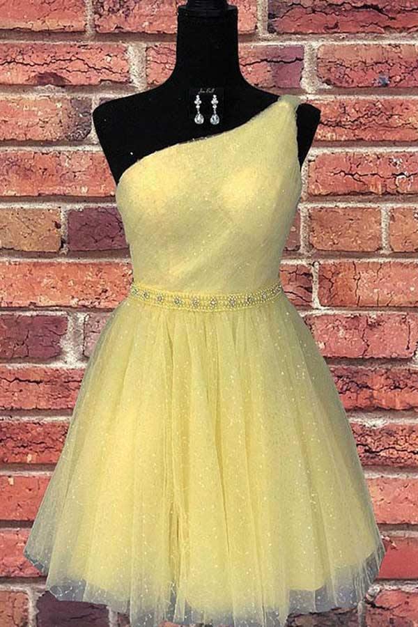 One Shoulder Yellow Chic Tulle Homecoming Dress Cute Graduation Dress