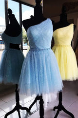 One Shoulder Yellow Chic Tulle Homecoming Dress Cute Graduation Dress