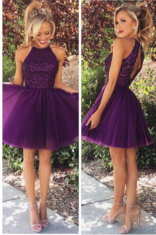 Open Back Halter Purple Beaded Homecoming Cocktail Dress