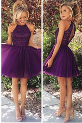 Open Back Halter Purple Beaded Homecoming Cocktail Dress