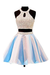 Open Back Jewel Sleeveless Homecoming Dress with Beading