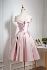 Pearl Pink Off Shoulder Knee Length Party Dress Homecoming Dress with Ruffle
