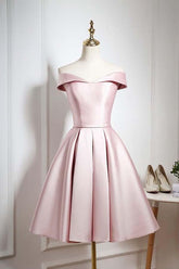 Pearl Pink Off Shoulder Knee Length Party Dress Homecoming Dress with Ruffle
