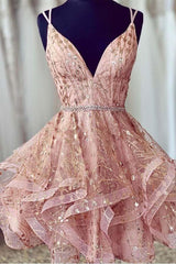 Pink Deep V-Neck Sequined Short Prom Dress Homecoming Dress
